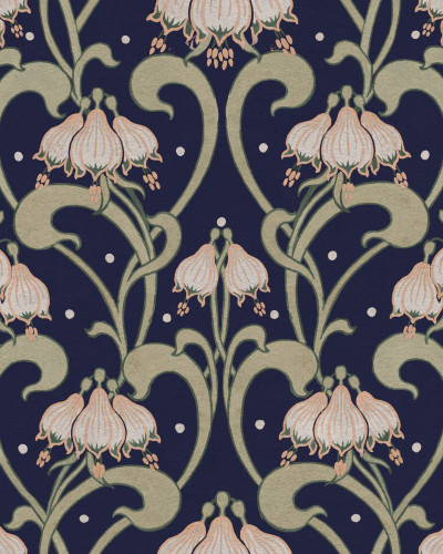 Tapet floral Art Nouveau albastru în living