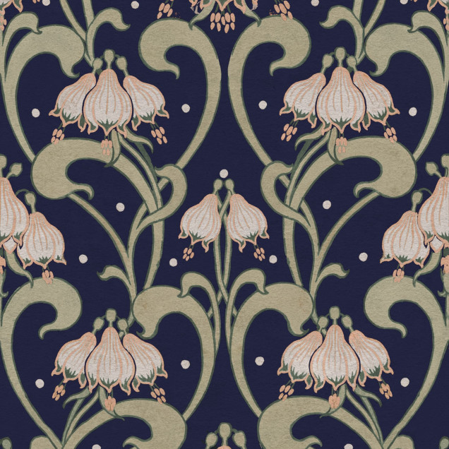 Tapet floral Art Nouveau albastru în living
