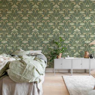 Tapet floral Art Nouveau verde într-un dormitor