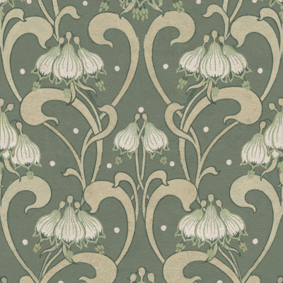 Tapet floral Art Nouveau verde într-un dormitor