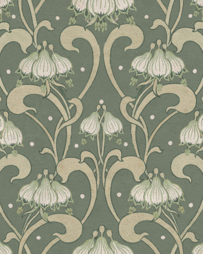 Tapet floral Art Nouveau verde într-un dormitor