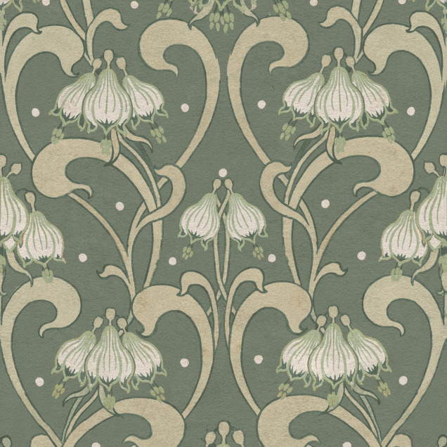 Tapet floral Art Nouveau verde într-un dormitor