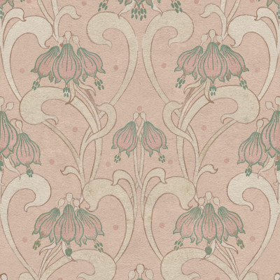 Tapet floral Art Nouveau în nuanțe de roz și verde