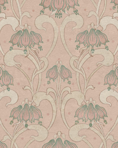 Tapet floral Art Nouveau în nuanțe de roz și verde