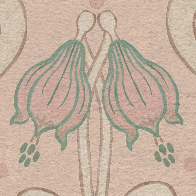 Tapet floral Art Nouveau în nuanțe de roz și verde