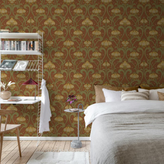 Tapet floral Art Nouveau cu flori galbene pe fundal roșu-maro