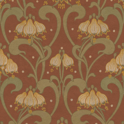 Tapet floral Art Nouveau cu flori galbene pe fundal roșu-maro