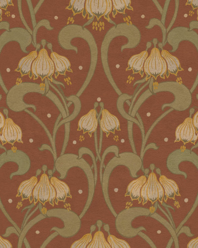 Tapet floral Art Nouveau cu flori galbene pe fundal roșu-maro