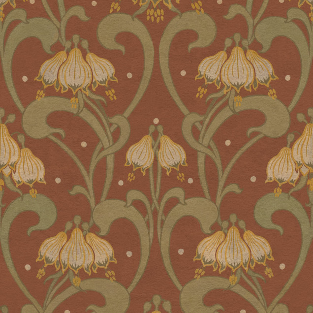 Tapet floral Art Nouveau cu flori galbene pe fundal roșu-maro