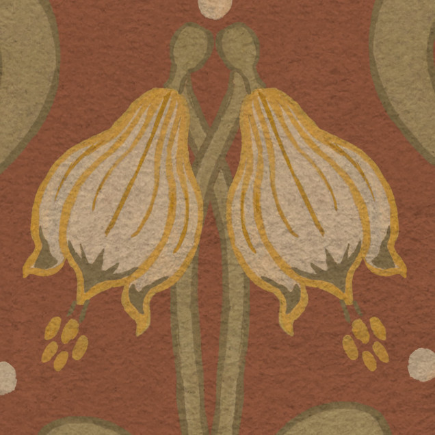 Tapet floral Art Nouveau cu flori galbene pe fundal roșu-maro