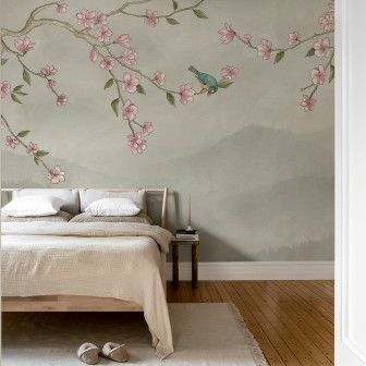 Tapet bej cu pasare si ramura inflorita intr-un dormitor