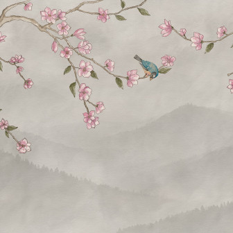 Tapet bej cu pasare si ramura inflorita intr-un dormitor