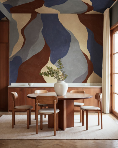 Tapet cu forme fluide în albastru închis, design abstract