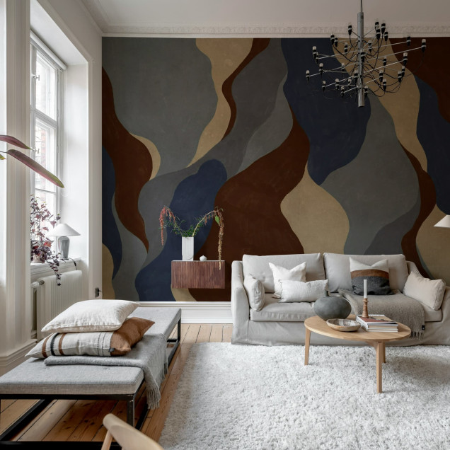 Tapet cu forme fluide în albastru închis, design abstract