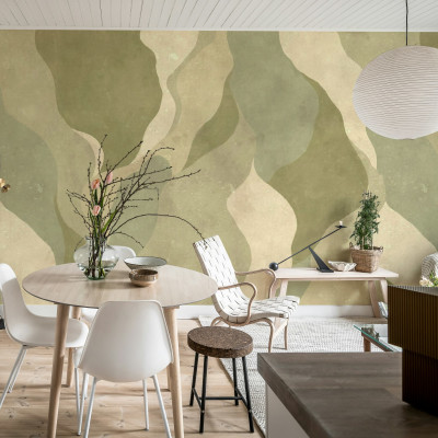 Tapet abstract cu forme fluide în tonuri de verde