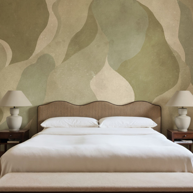 Tapet abstract cu forme fluide în tonuri de verde