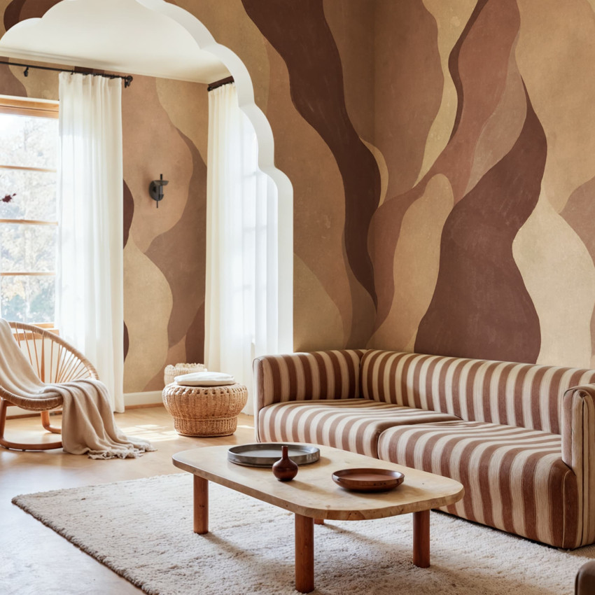 Tapet cu forme fluide în tonuri pastelate într-un living modern
