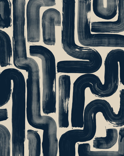 Bucatarie moderna cu fototapet abstract in nuante de albastru