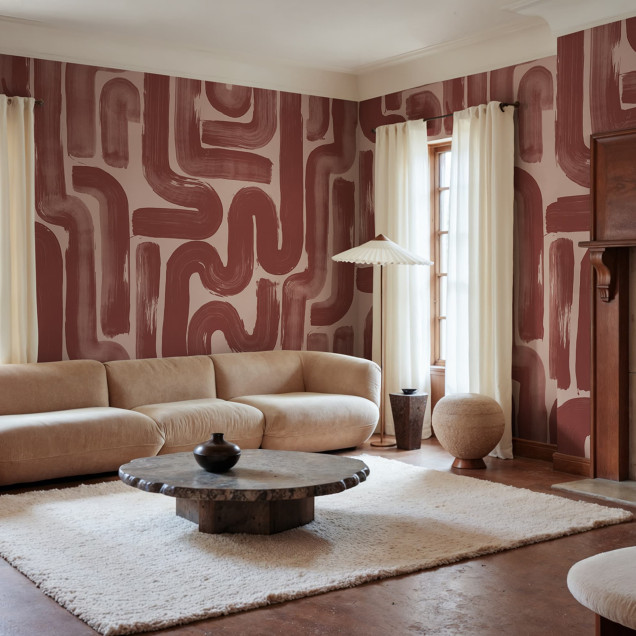 Tapet abstract roșu în living modern