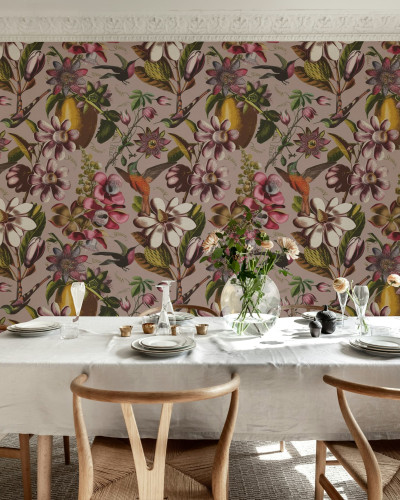 Fototapet floral cu colibri in decor de interior