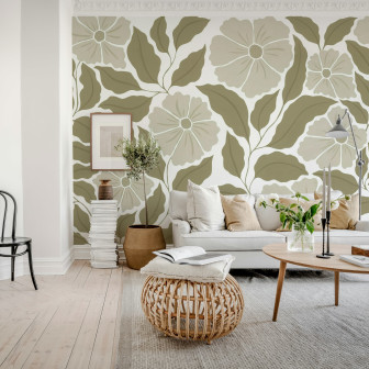 Fototapet cu flori abstracte maro într-un living modern