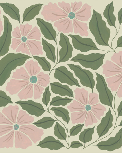 Tapet floral abstract cu flori roz și frunze verzi într-un interior modern.