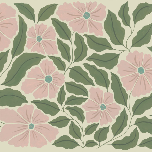 Tapet floral abstract cu flori roz și frunze verzi într-un interior modern.