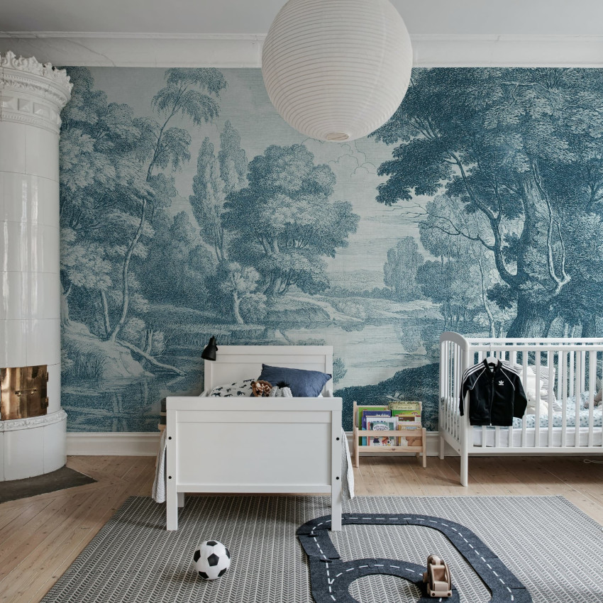 Tapet bej cu design de parc într-un living elegant