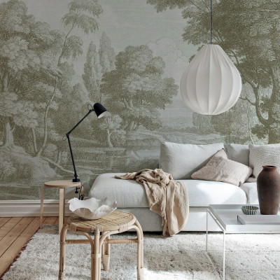 Tapet bej cu design de parc într-un living elegant