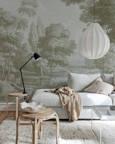 Tapet bej cu design de parc într-un living elegant