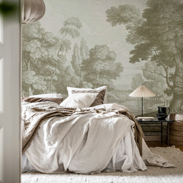 Tapet bej cu design de parc într-un living elegant