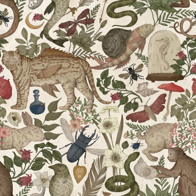 Fototapet bej cu animale și elemente botanice într-un living modern