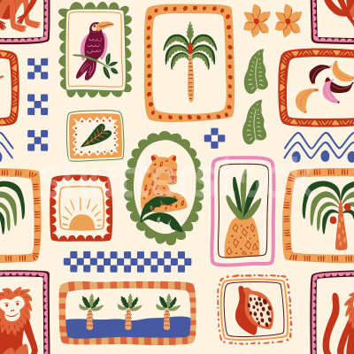 Tapet viu colorat cu animale și elemente tropicale în rame