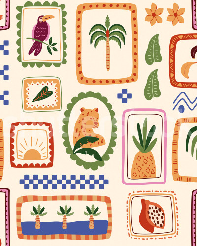 Tapet viu colorat cu animale și elemente tropicale în rame