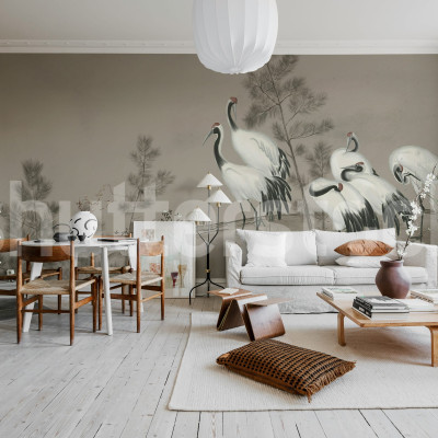 Tapet decorativ cu cocori gri într-un living modern