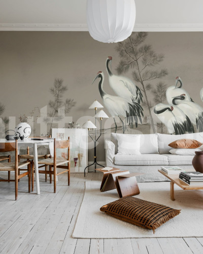 Tapet decorativ cu cocori gri într-un living modern