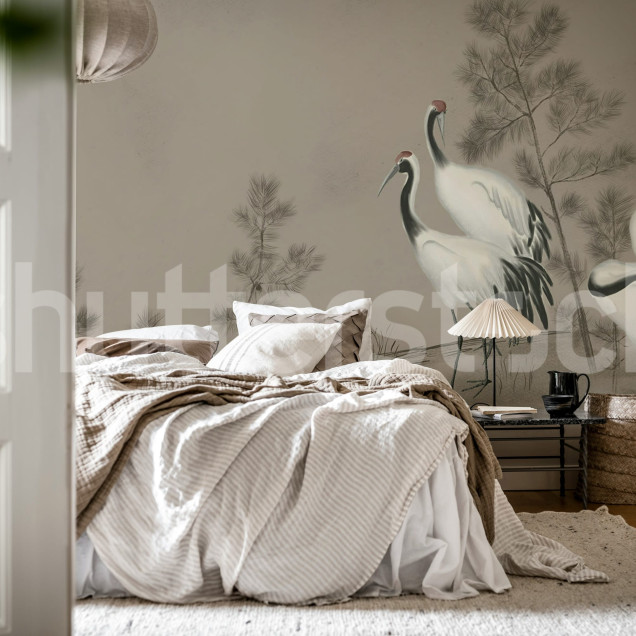 Tapet decorativ cu cocori gri într-un living modern