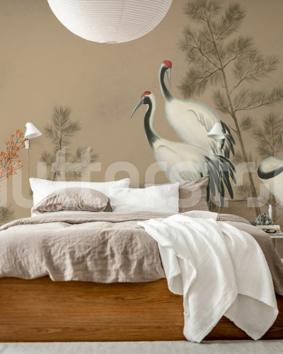 Tapet bej cu design elegant de cocori într-un dormitor