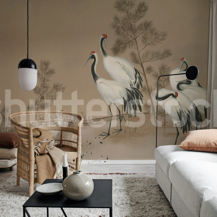 Tapet decorativ cu cocori gri într-un living modern