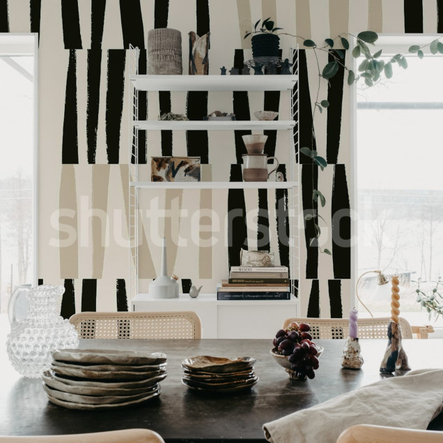 Tapet decorativ cu linii negre și bej într-un living modern