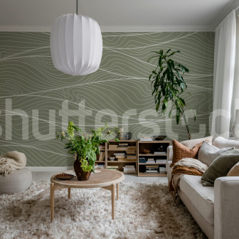 Tapet verde cu design de dune în living modern