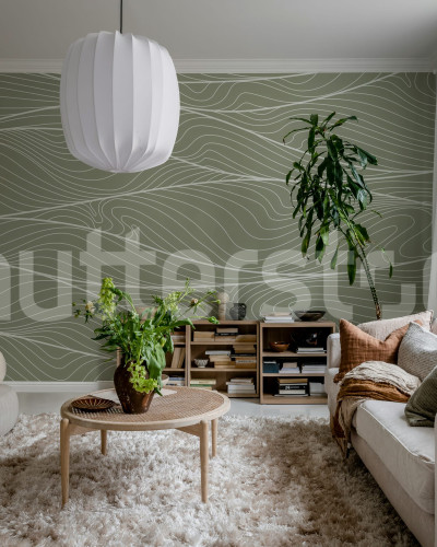 Tapet verde cu design de dune în living modern