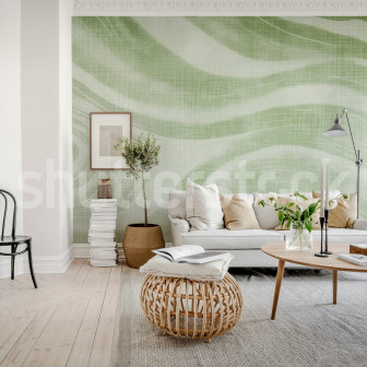 Tapet verde cu linii ondulate în living modern