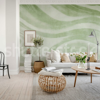 Tapet verde cu linii ondulate în living modern