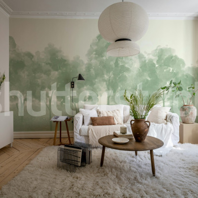 Fototapet cu pădure verde într-un living elegant