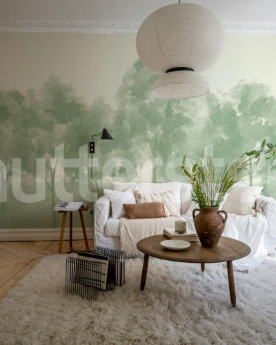Fototapet cu pădure verde într-un living elegant