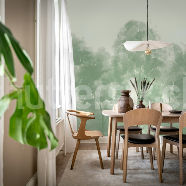 Fototapet cu pădure verde într-un living elegant