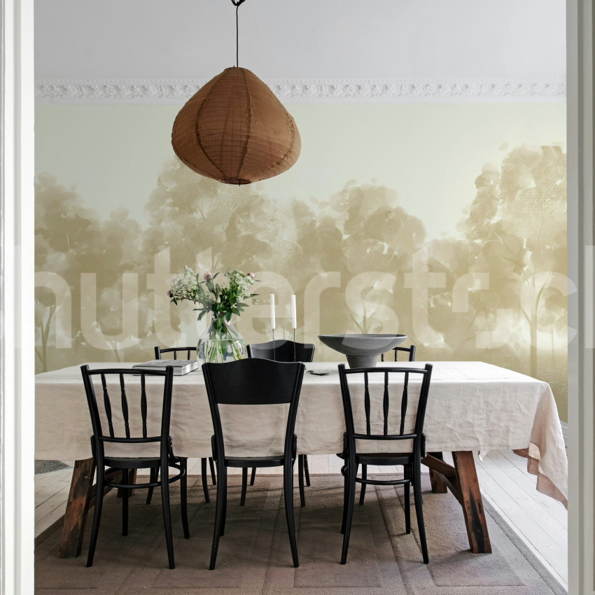 Fototapet cu pădure verde într-un living elegant