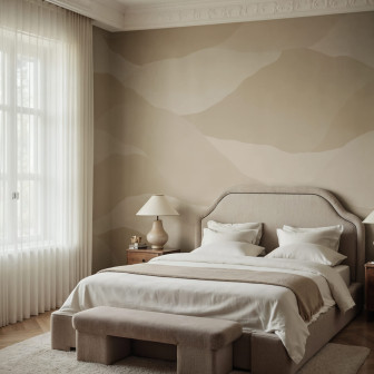 Dormitor decorat cu fototapet cu peisaj abstract în nuanțe calde