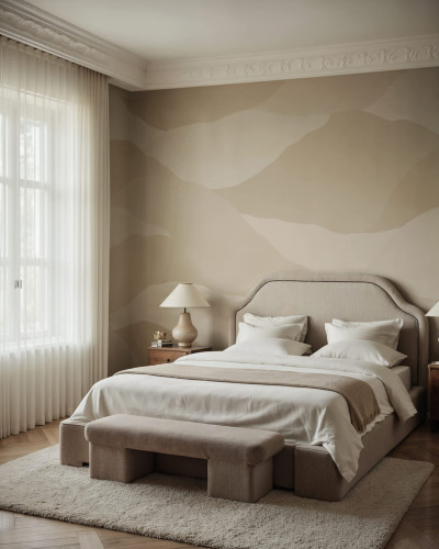 Dormitor decorat cu fototapet cu peisaj abstract în nuanțe calde